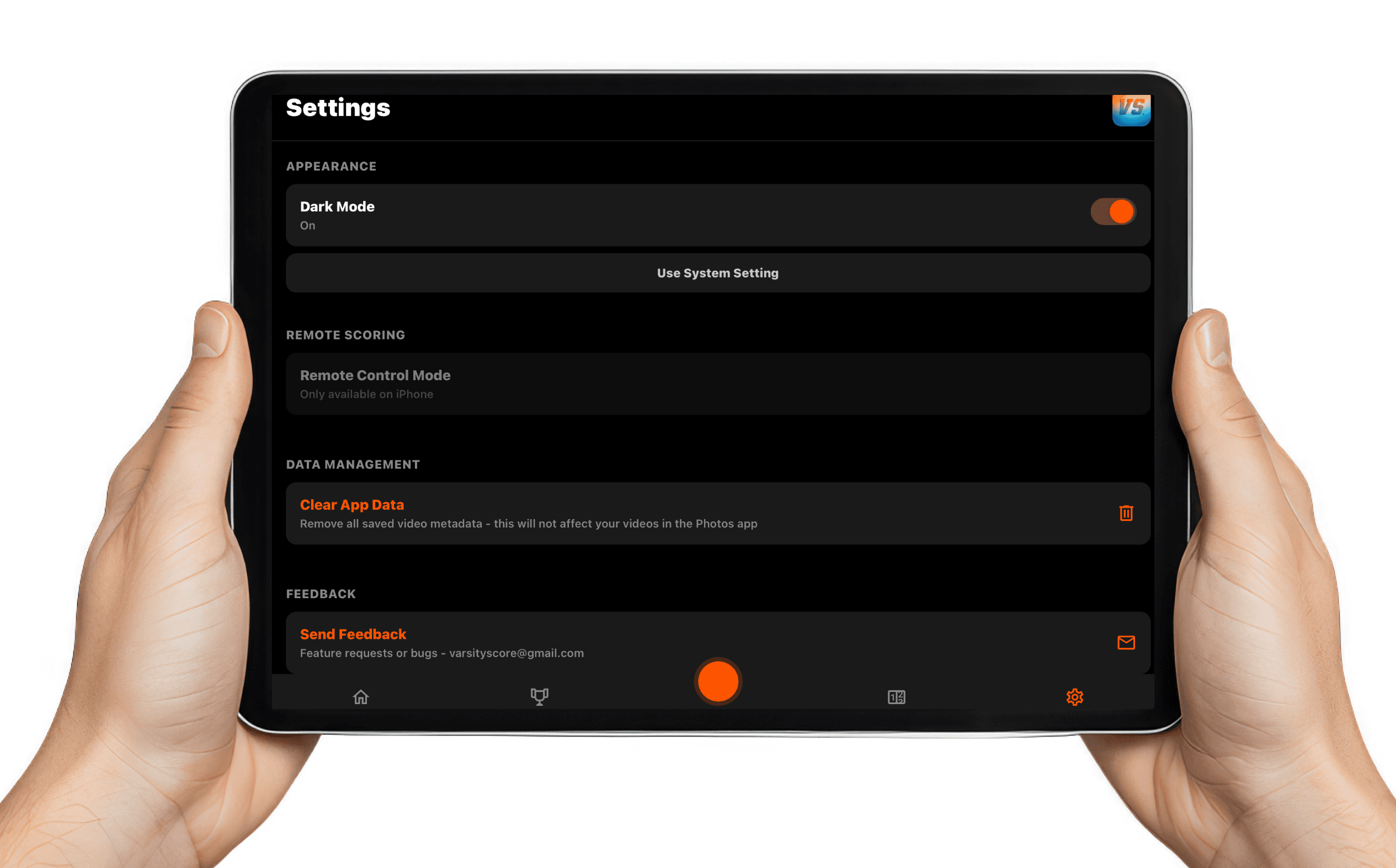 Varsity Score settings screen