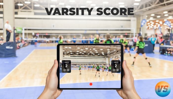 Varsity Score volleyball recording with a live set-based score overlay